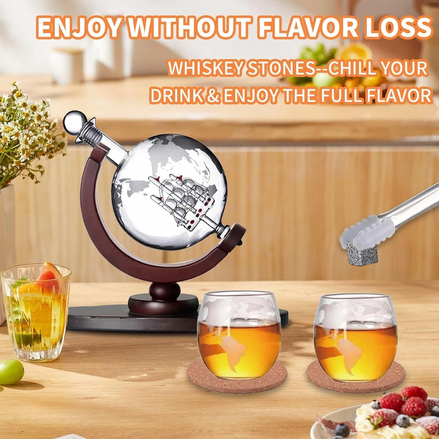 Luxury Globe Whiskey Decanter Set 800ml with Glasses & Ice Stones Gift Set