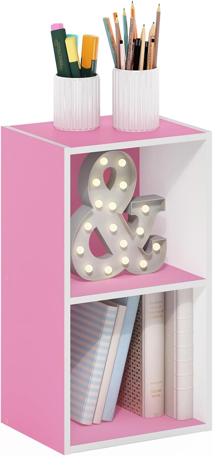 2 Tier Pink Wooden Bookcase Small Storage Shelf Compact Organizer Open Bookshelf