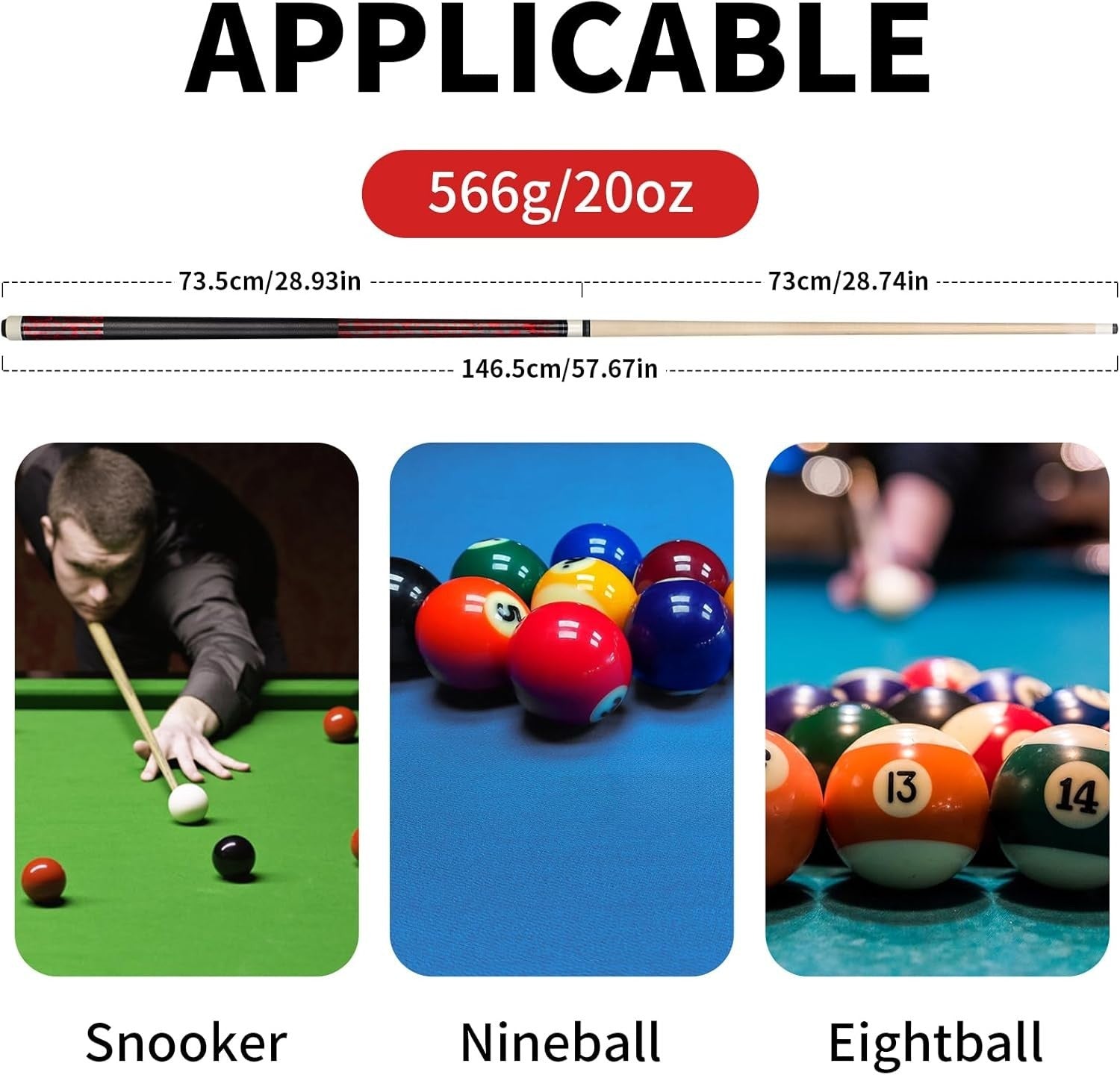 58in Pool Cue Stick 13mm Tip 20oz Maple Linen Grip Set Gloves Chalk