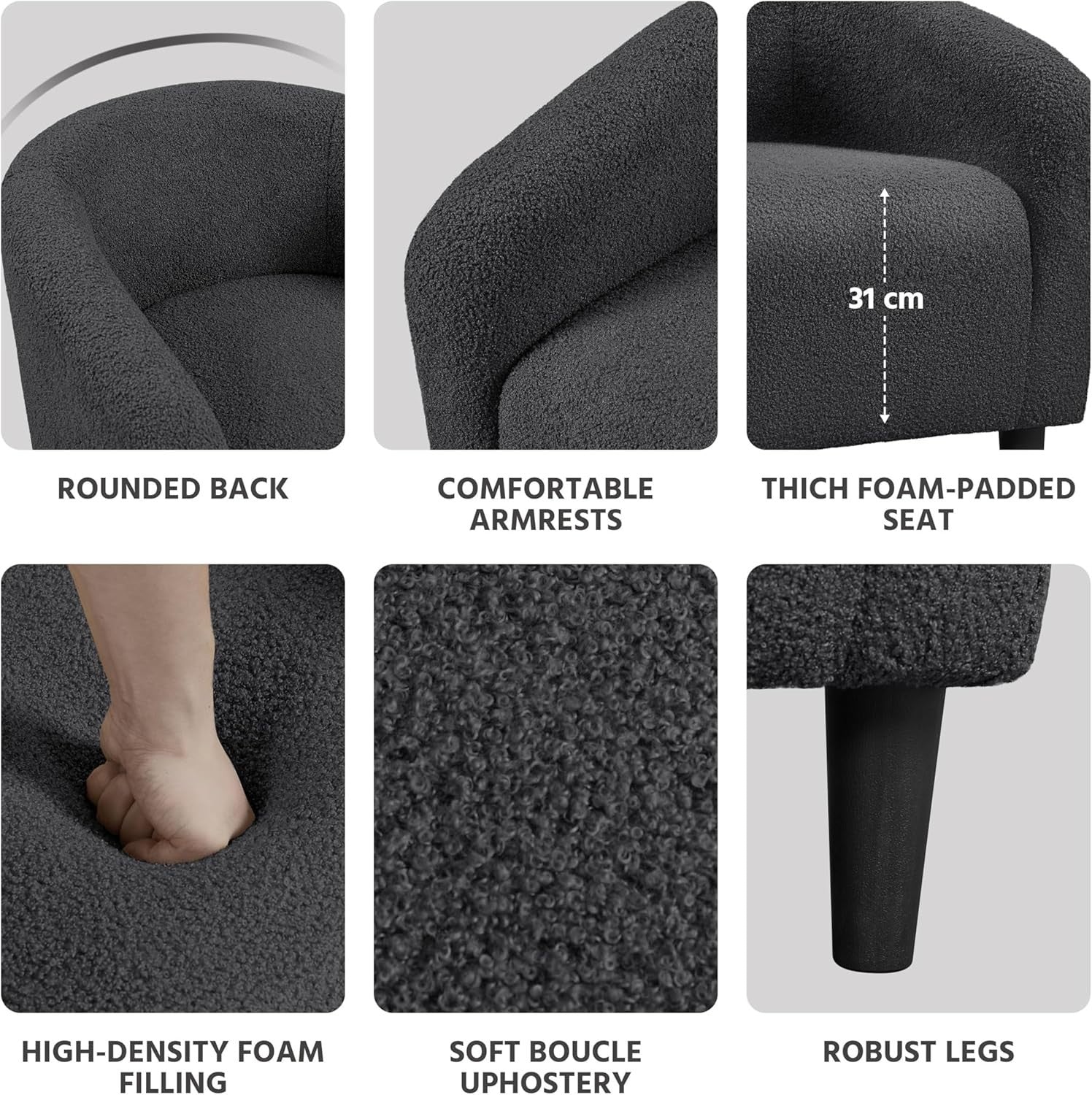 Dark Grey Boucle Tub Chair | Compact Accent Armchair for Living & Office