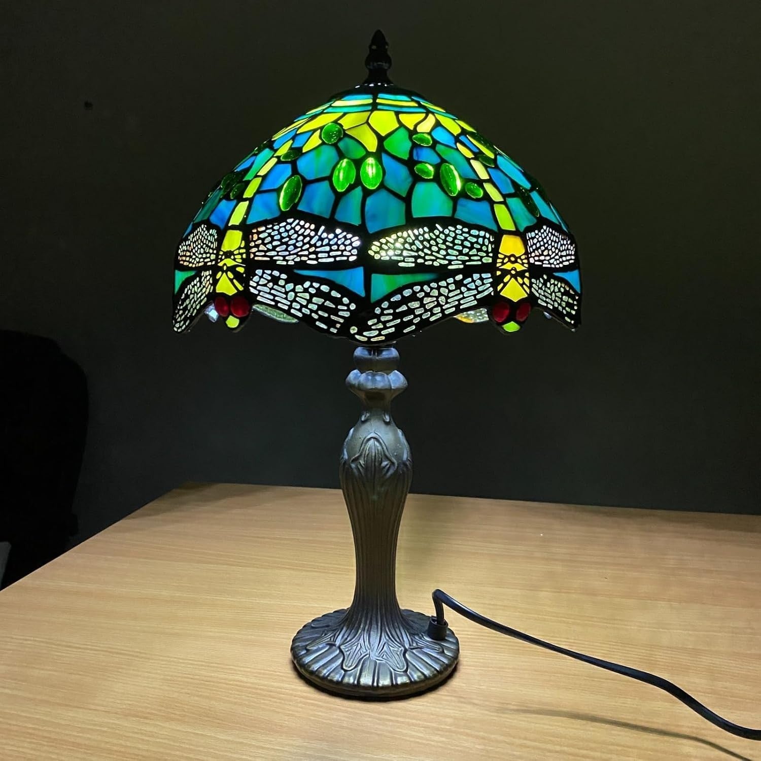 Tiffany Style Table Lamp Green Dragonfly Stained Glass 42cm E27