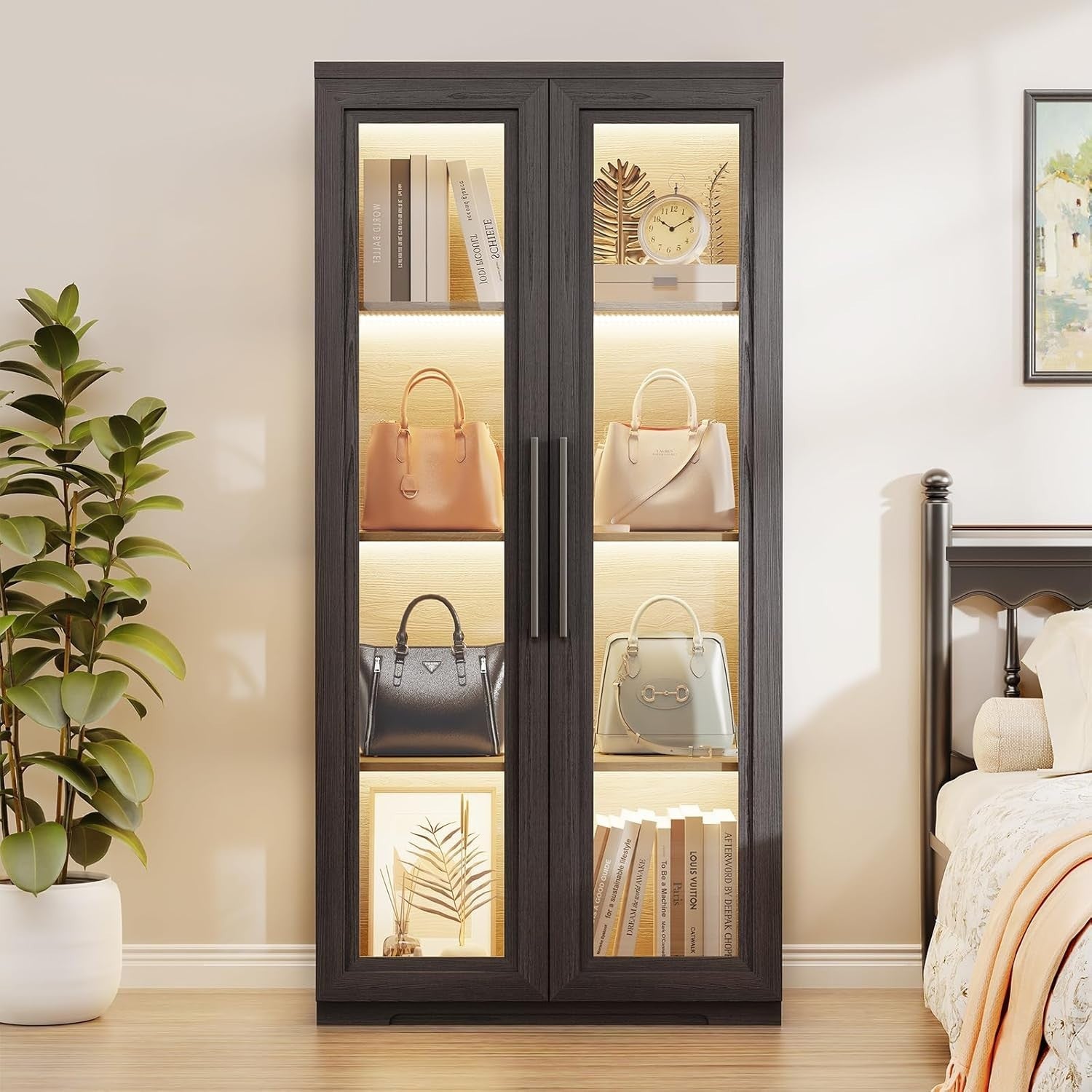 LED Display Cabinet Glass Doors Bookshelf with Storage 3-Color Lights