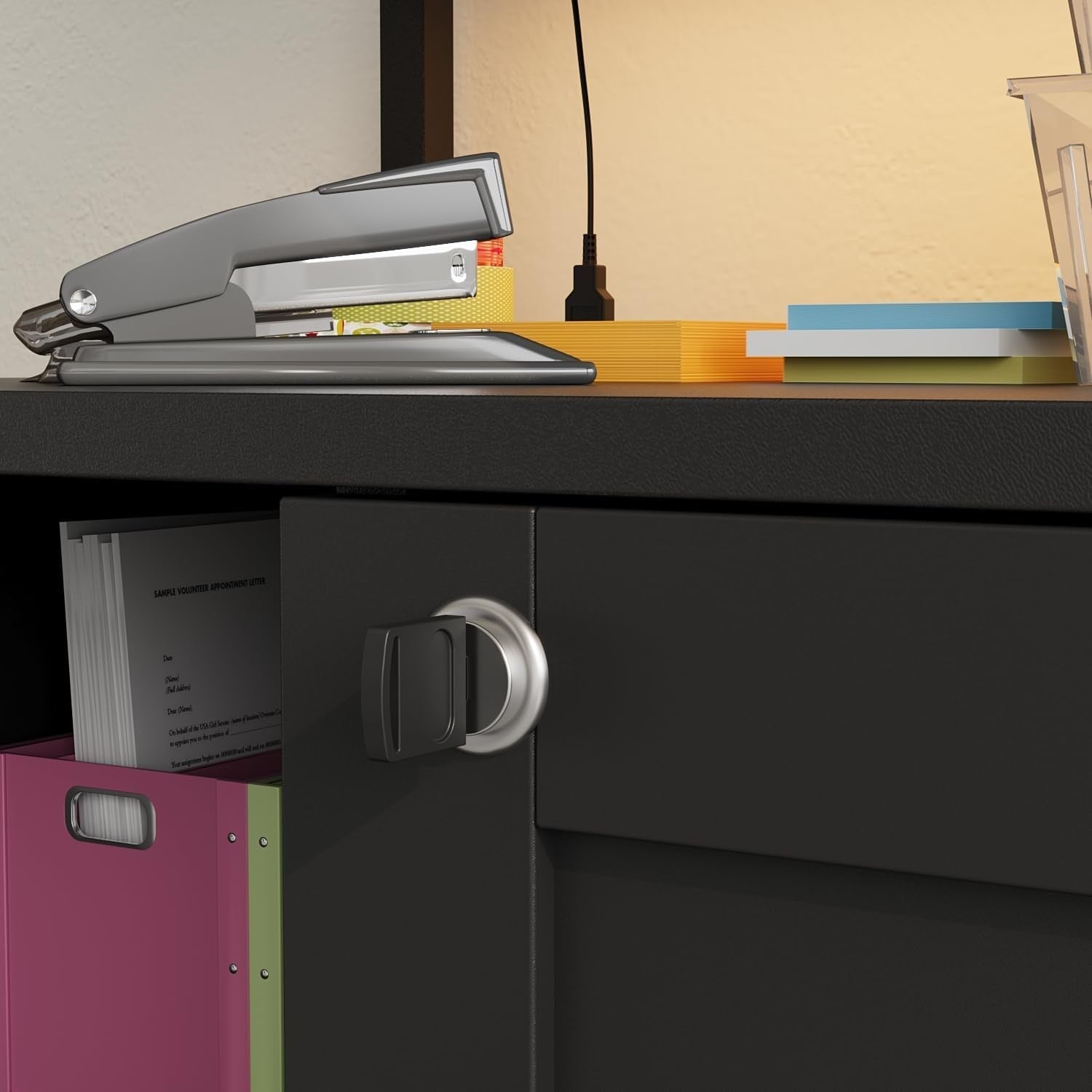Black LED Mobile File Cabinet 65cm Lockable Printer Stand