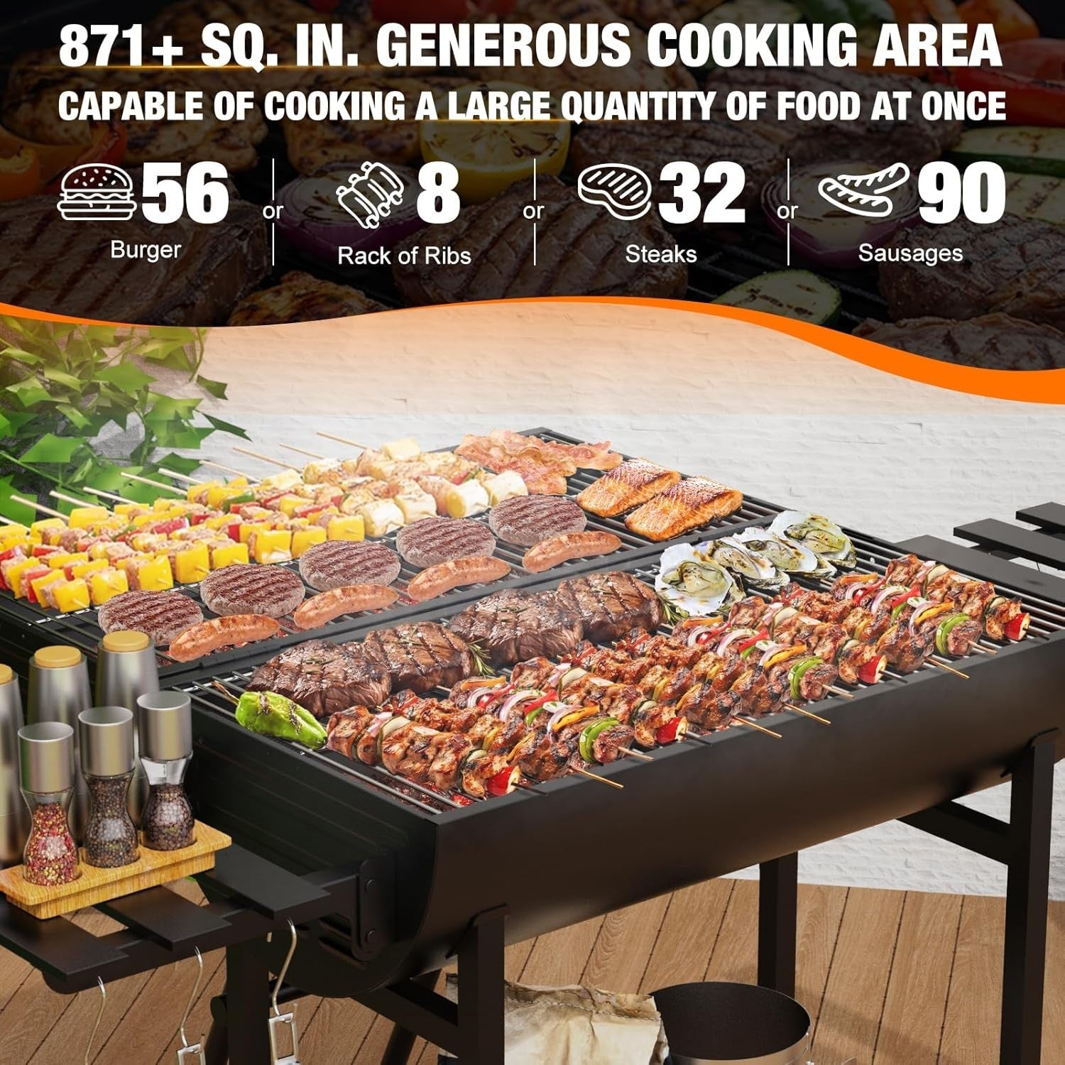 Extra Large Charcoal BBQ Grill Trolley 918 sq in Cooking Space w/ Side Tables