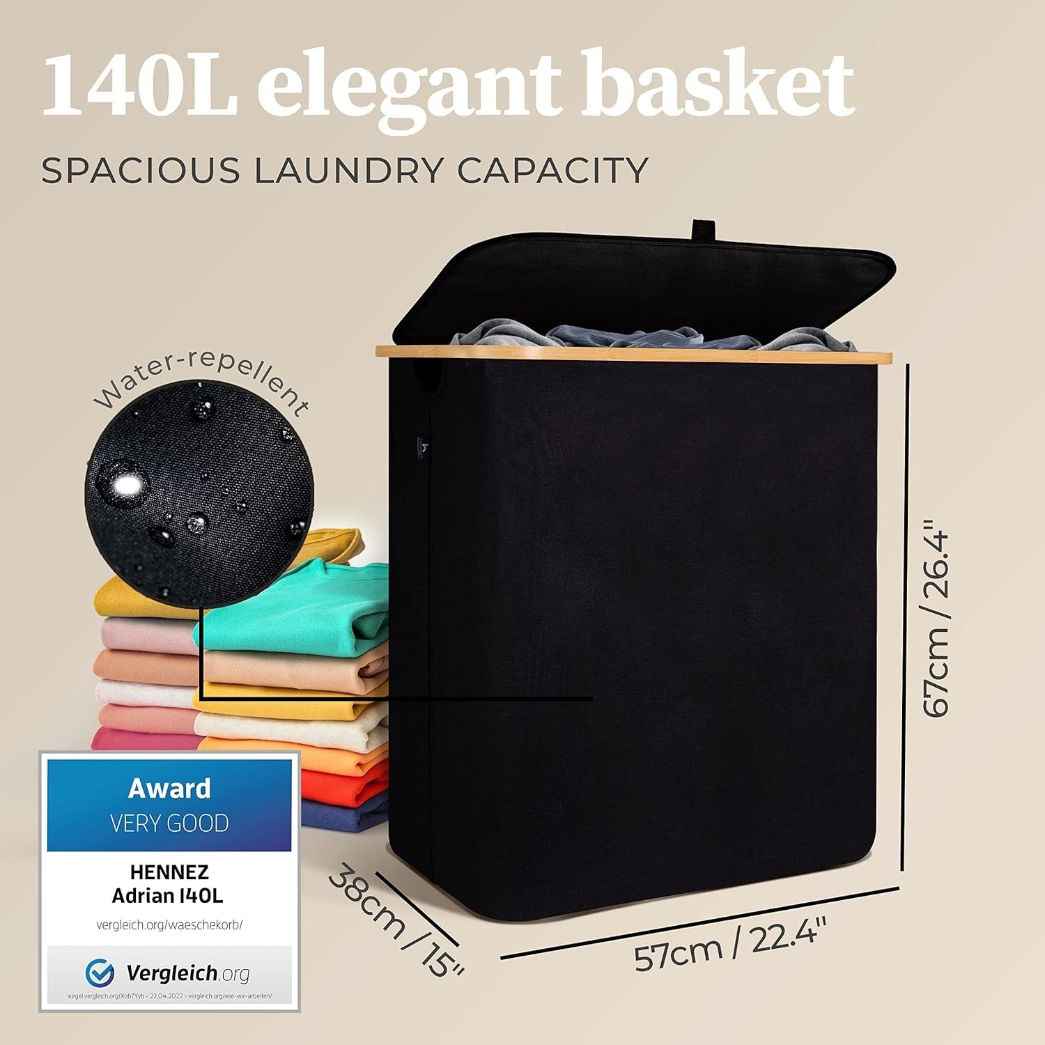 141L Black Laundry Hamper Bamboo With Lid Removable Double Bags Large Basket