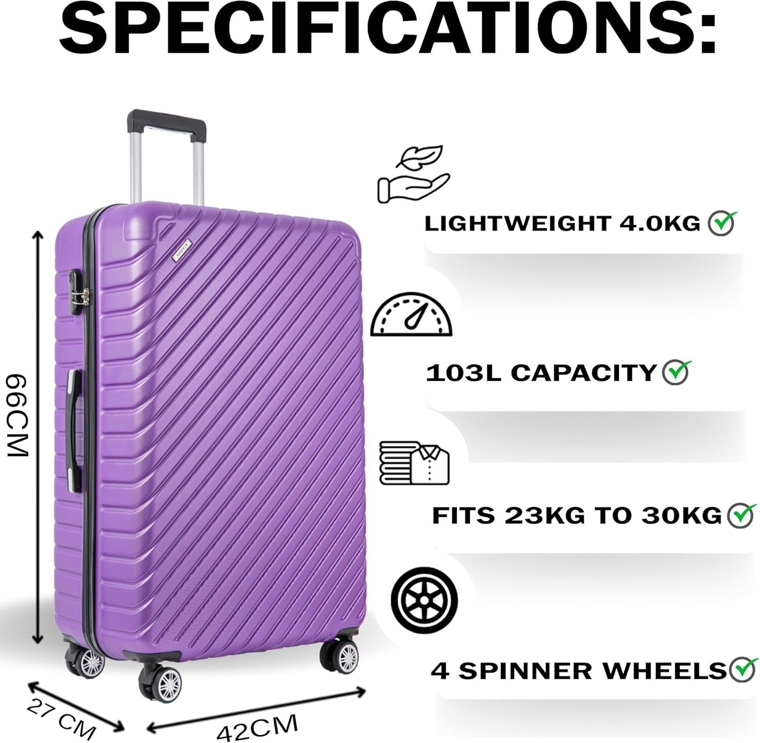 Medium 24'' Hard Shell Suitcase Lightweight ABS 4 Wheel 3 Digit Lock