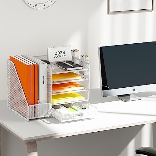5 Tier Desk Organiser File Holder White Mesh Paper Tray Drawer Storage