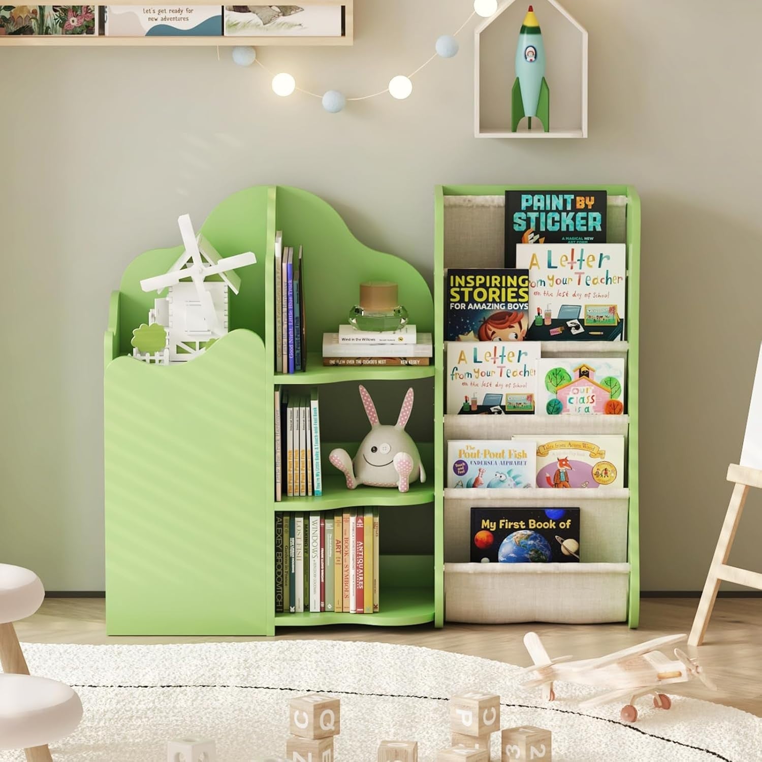 Kids Wooden Bookshelf & Toy Storage Organizer with 5 Sling Pockets & Doors