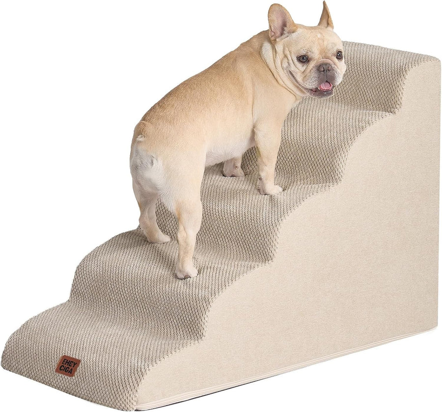 5 Step Dog Stairs for High Bed Non Slip Foam Pet Steps Washable Cream