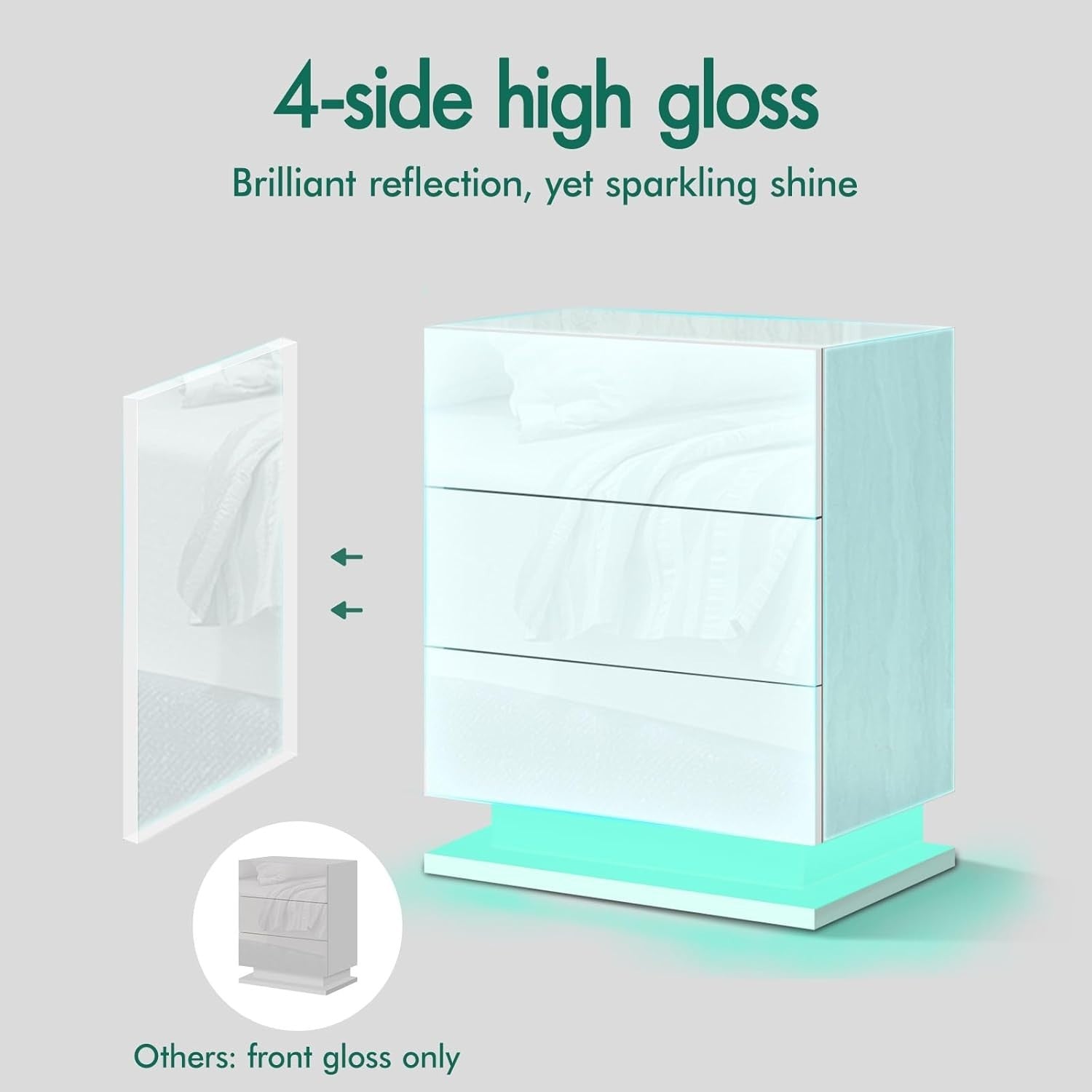 LED Bedside Table with 3 Drawers & RGB Lights | Modern High Gloss Nightstand