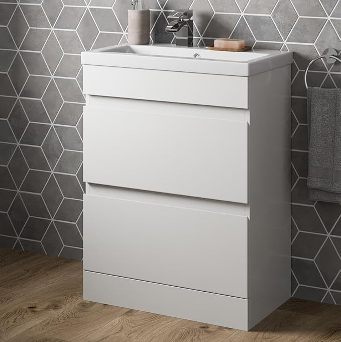 600mm White Gloss Bathroom Vanity Unit with Basin Sink 2 Drawer Floor Standing
