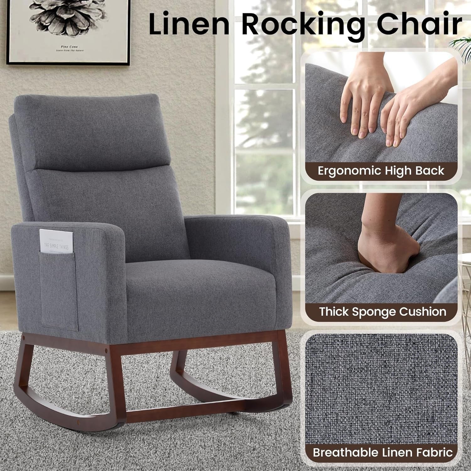 High Back Nursery Rocking Chair with Side Pockets & Durable Wood Base