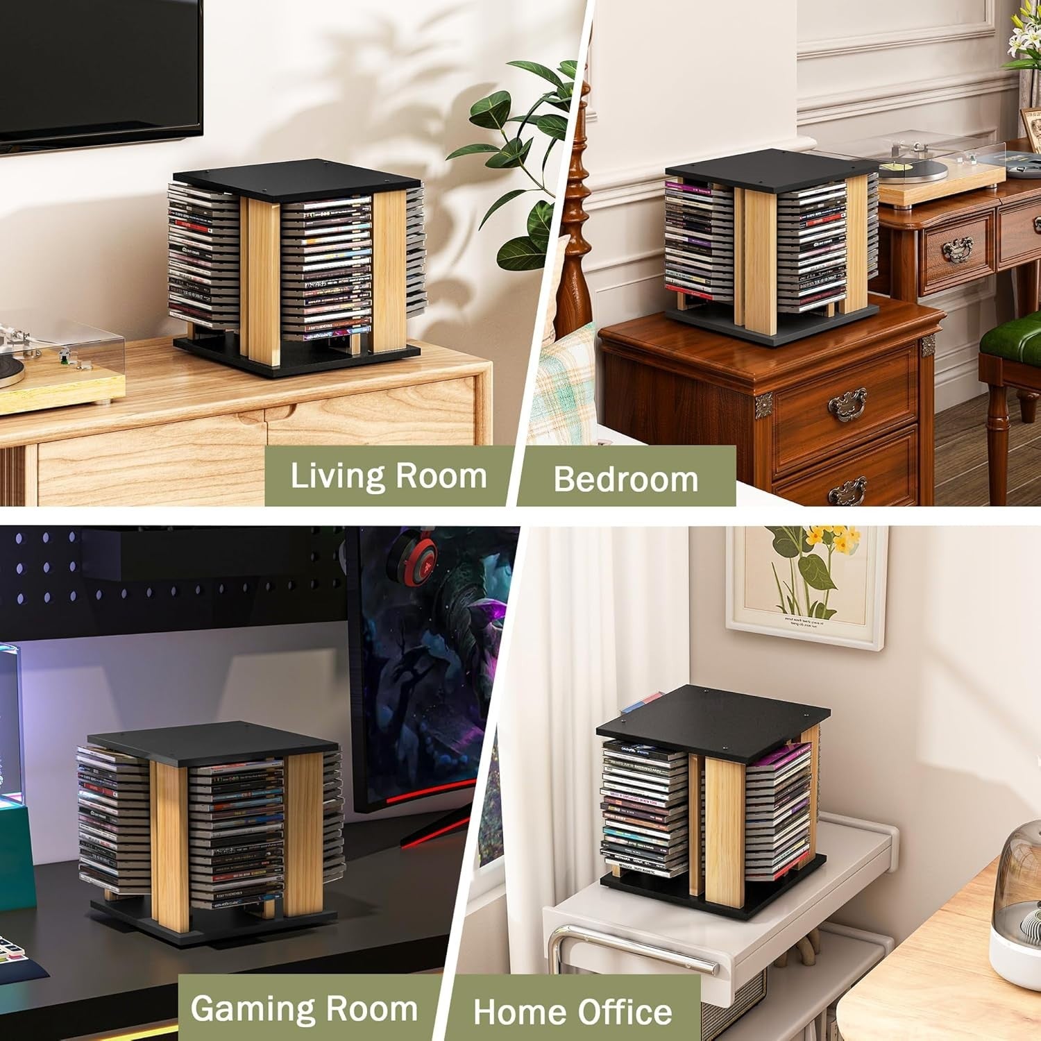 360° Rotating CD Storage Rack Holds 68 Cases Wood Organizer Black