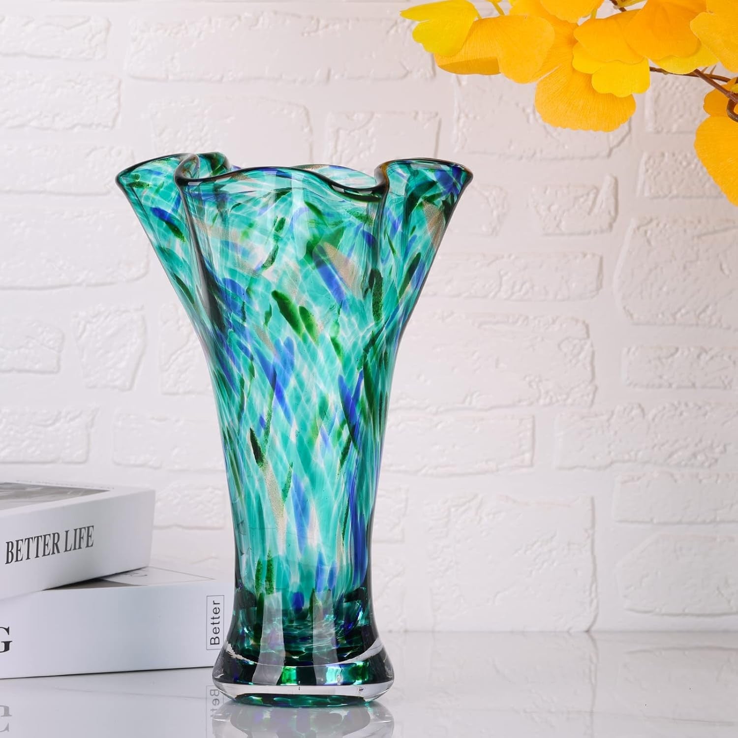 Teal Hand Blown Glass Vase Wide Mouth Flower Centerpiece Home Décor