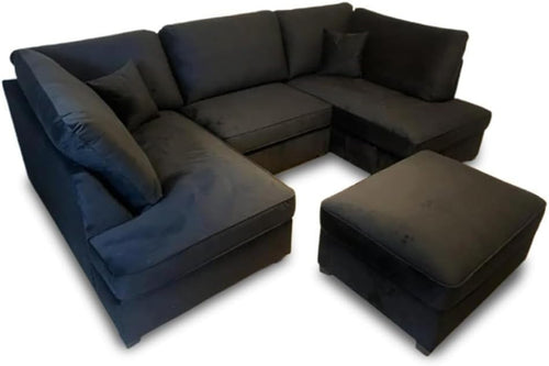 4PC U Shape Sofa with Footstool – Black Plush Sectional – 5/6 Seater Modular.