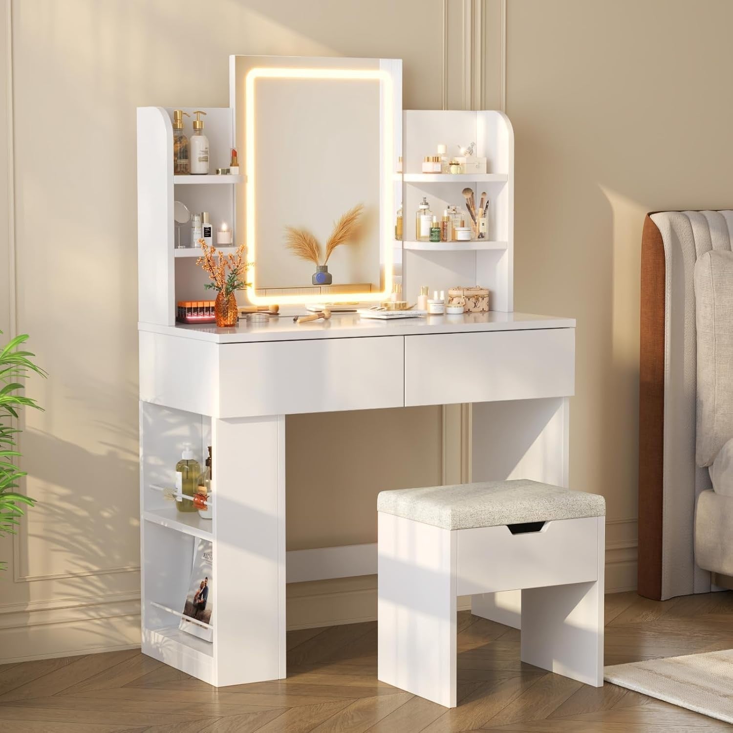 Modern Dressing Table Vanity Mirror LED Lights Makeup Desk Storage Chair White