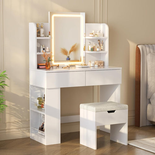 Modern Dressing Table Vanity Mirror LED Lights Makeup Desk Storage Chair White