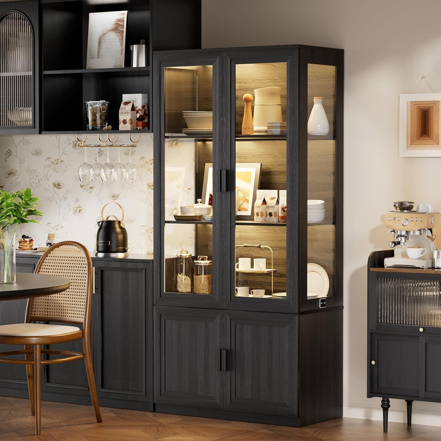 Glass Display Cabinet w/ Lights, Lockable Doors, 3-Tier Storage Unit