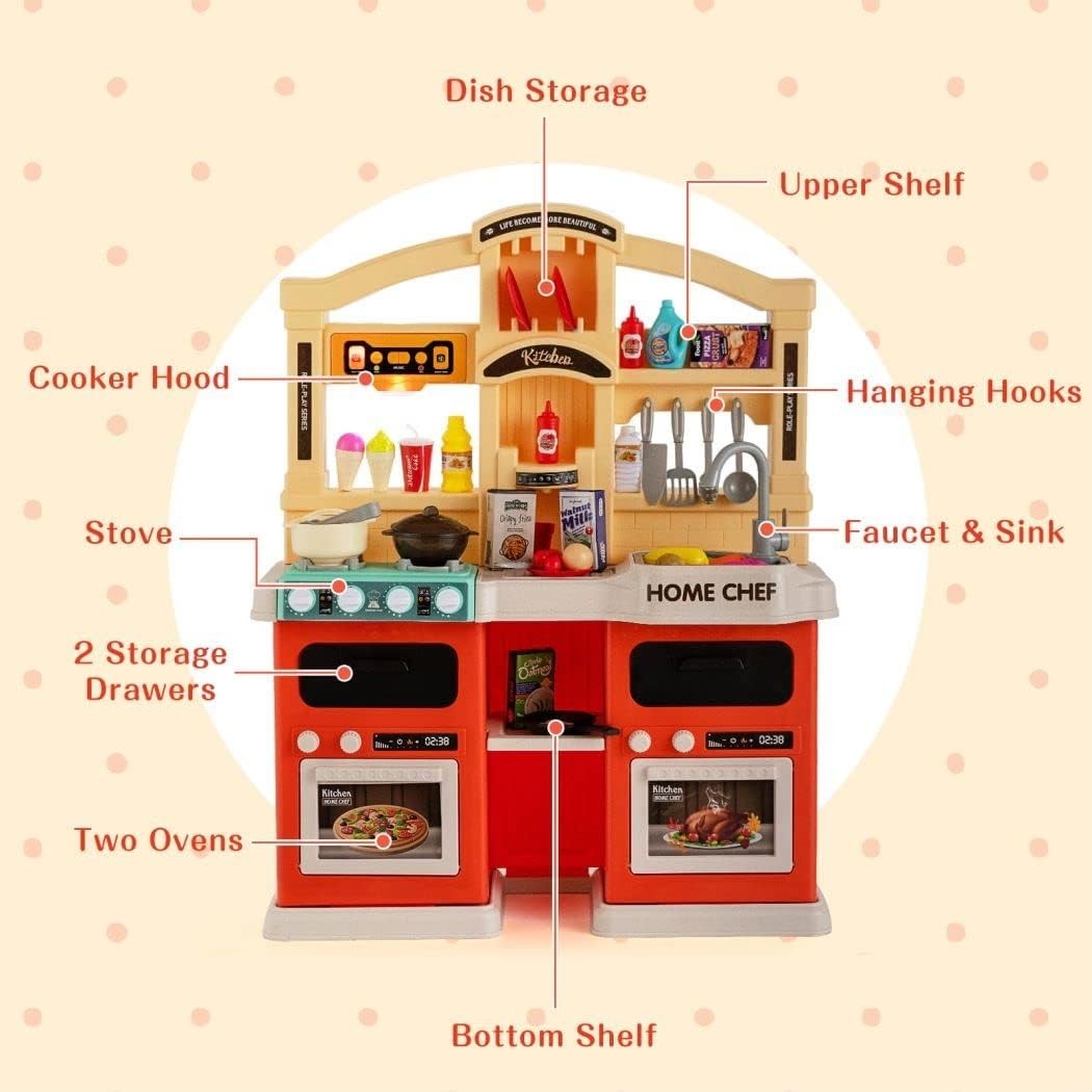 Kids Kitchen Playset w/ 69PCS Lights Sounds Steam Orange Toy