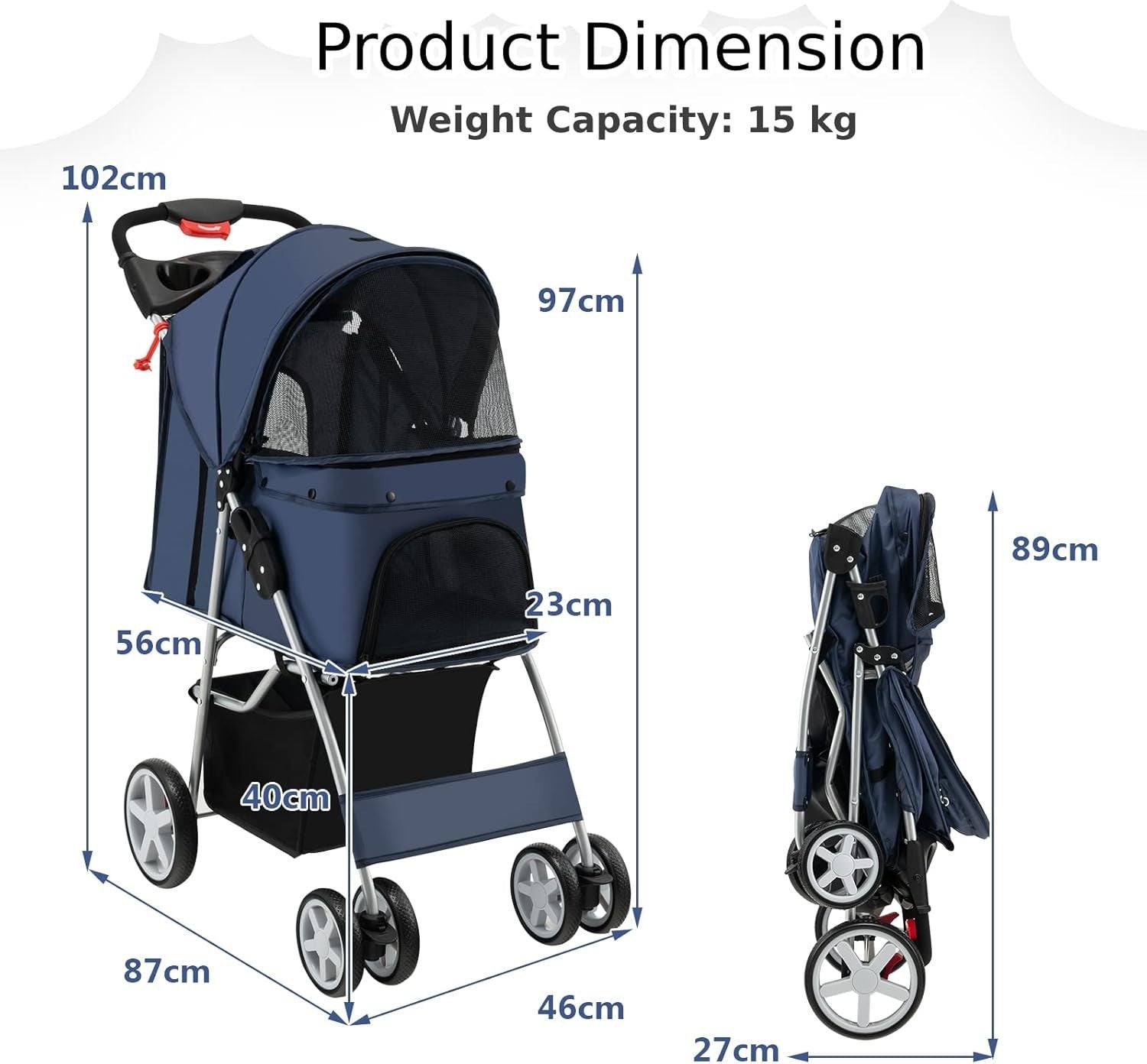 Blue Pet Stroller Foldable Dog Cat Pushchair 15kg Storage Basket
