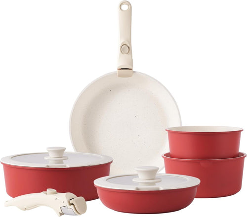 5Pcs Red Pots Pans Set with Glass Lids & Detachable Handle Induction Safe