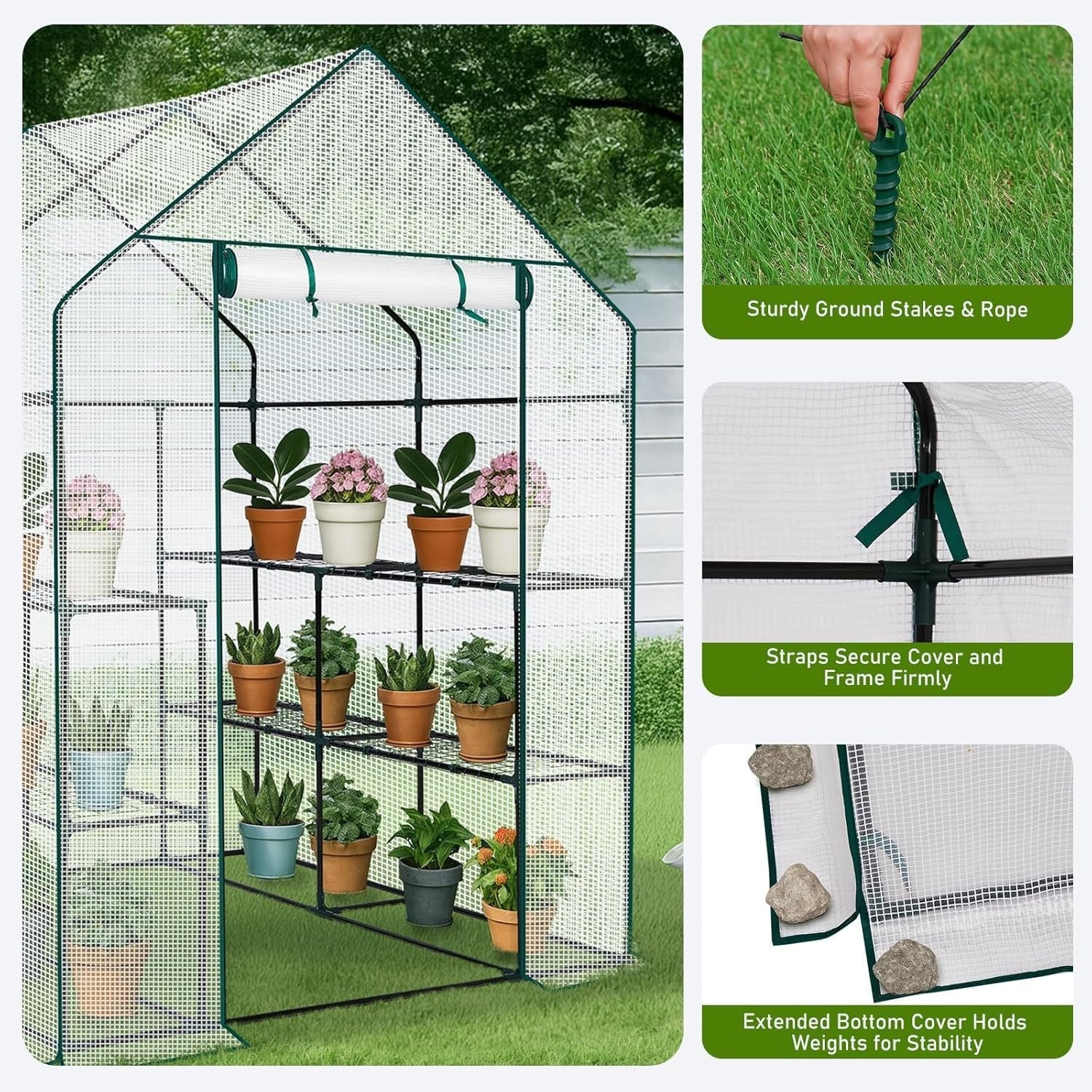 Walk-In Greenhouse 3 Tier 8 Shelf White PE Cover Steel Frame Garden Plant Tent