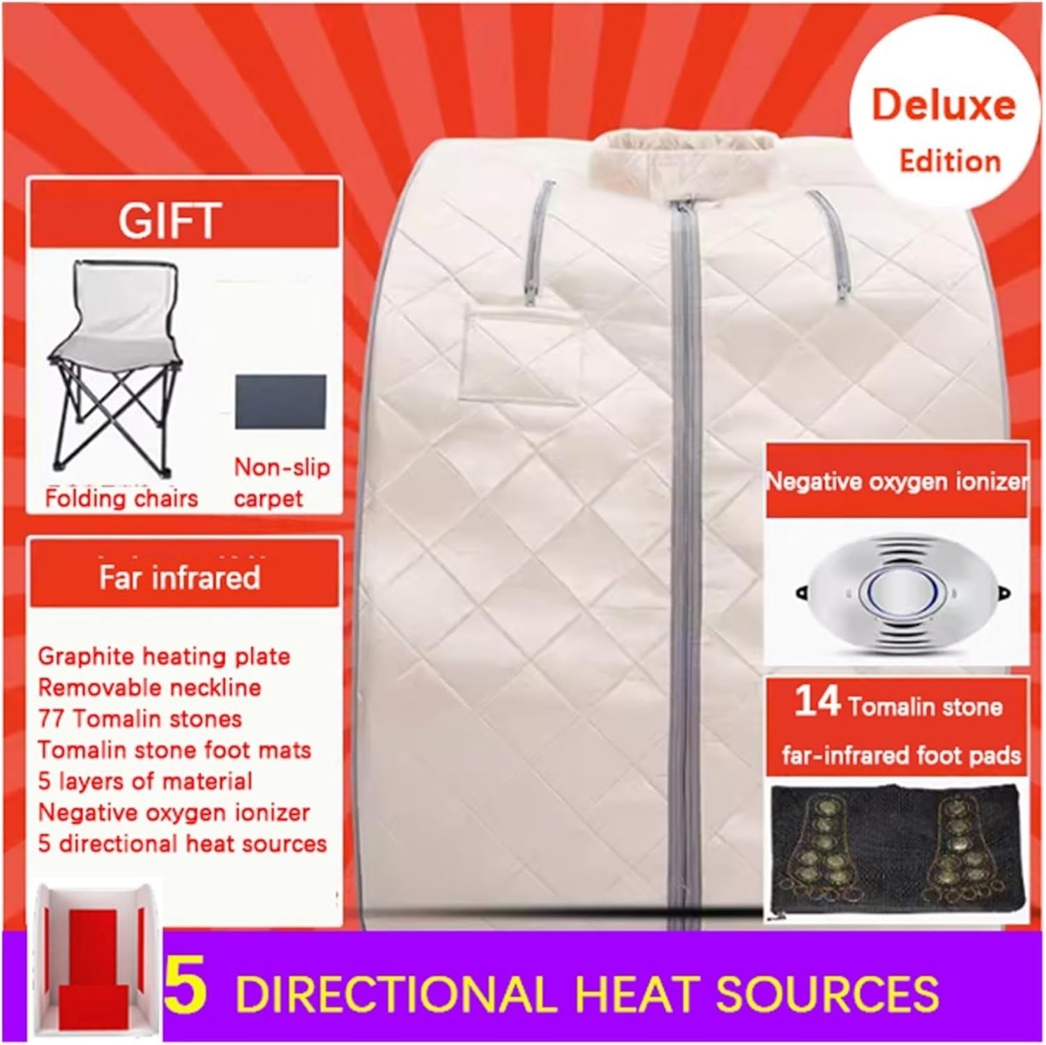 Far Infrared Portable Sauna Box Home Spa 5-Panel Negative Ion Full Body Detox