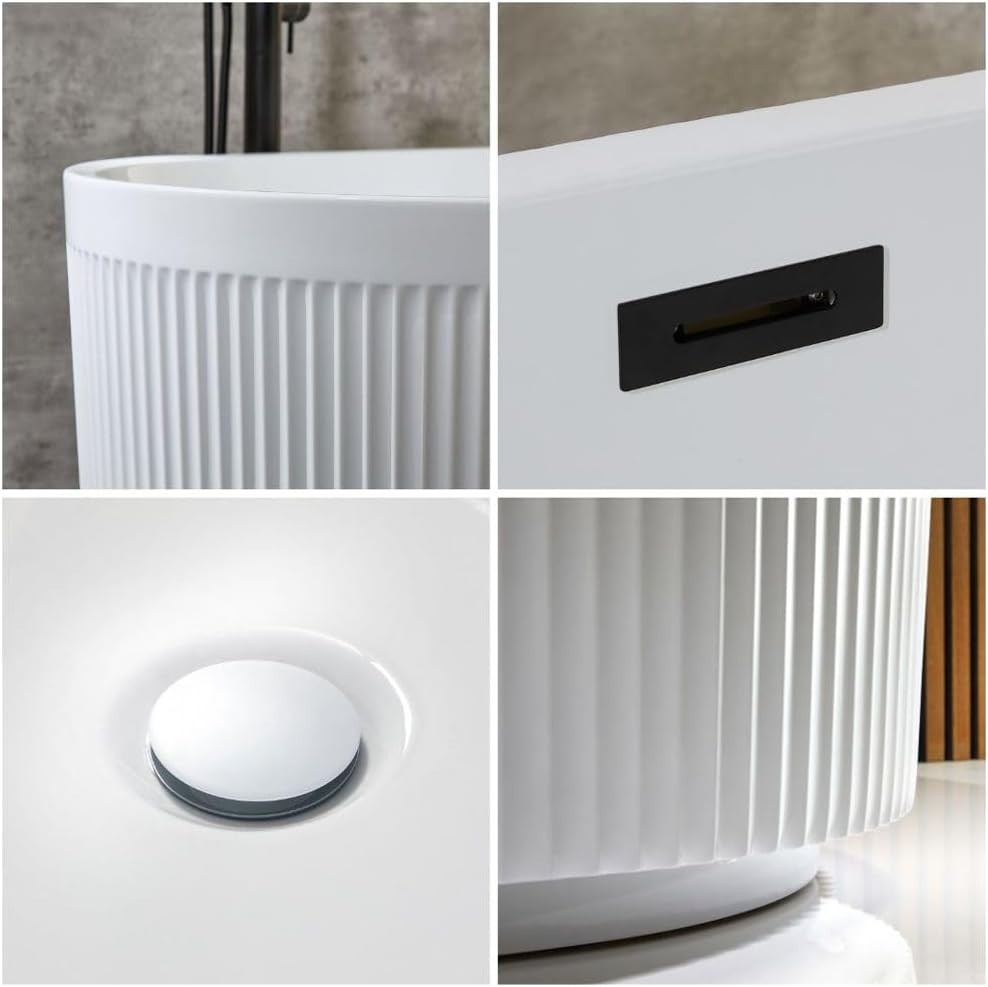 White Freestanding Double Ended Fluted Bath 1700x800mm Black Overflow