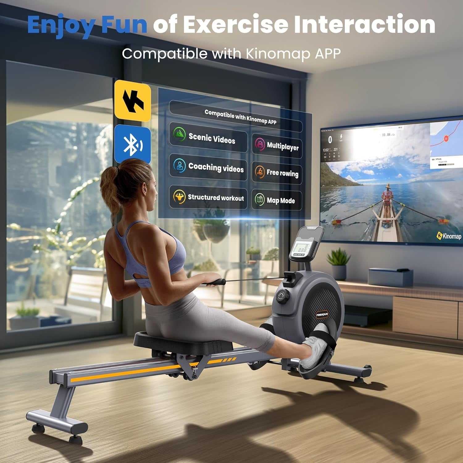 Magnetic Rowing Machine 16-Level Resistance Dual Rail App Smart LCD 350LB Home
