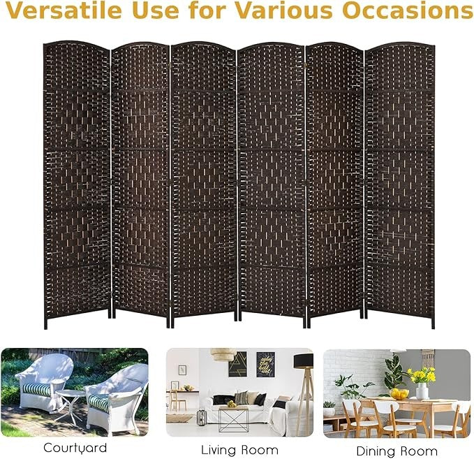 6 Panel Folding Room Divider – Brown Woven Privacy Screen for Bedroom