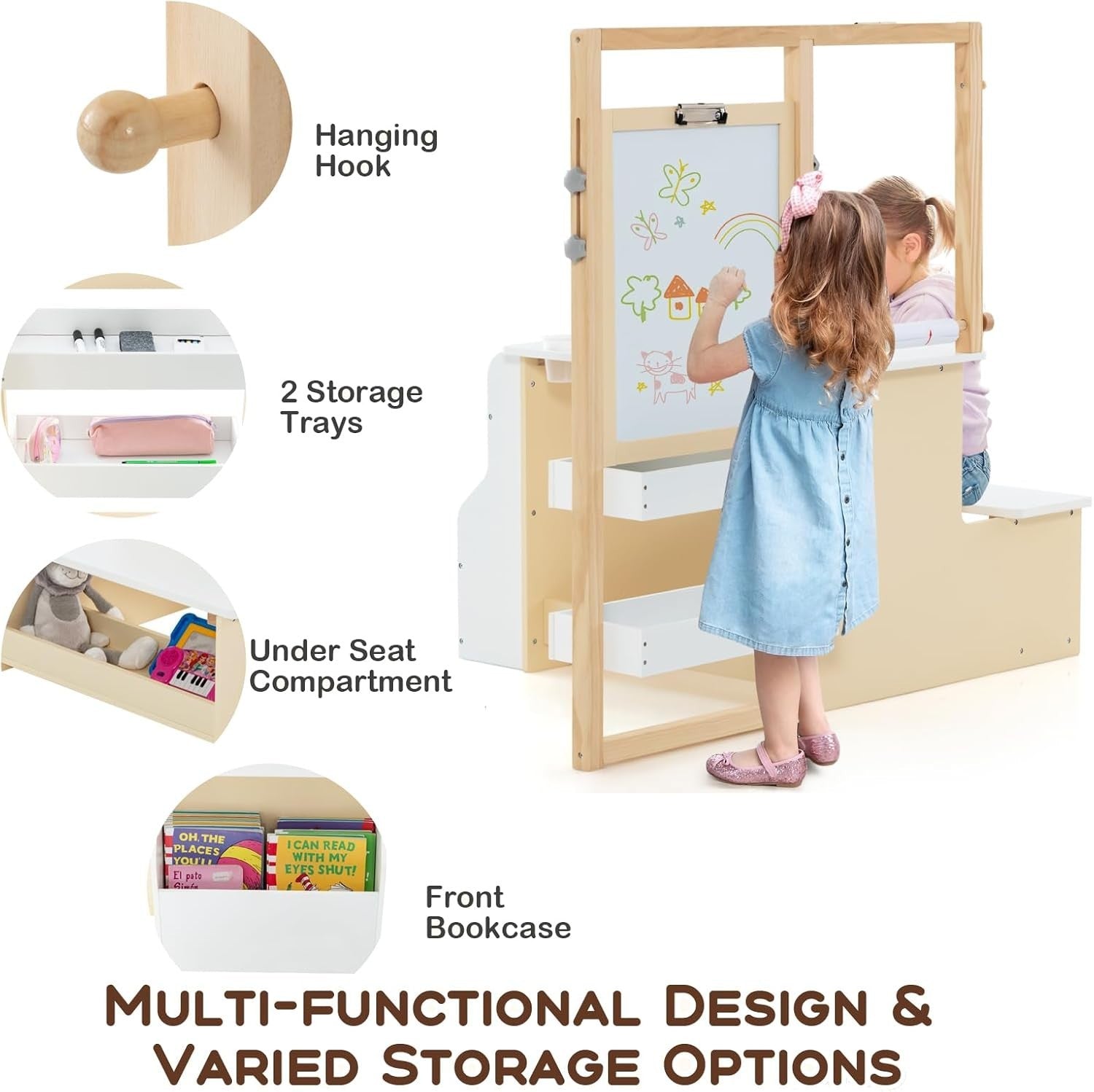 3-in-1 Kids Art Table & Bench Set with Adjustable Easel, Storage & Accessories