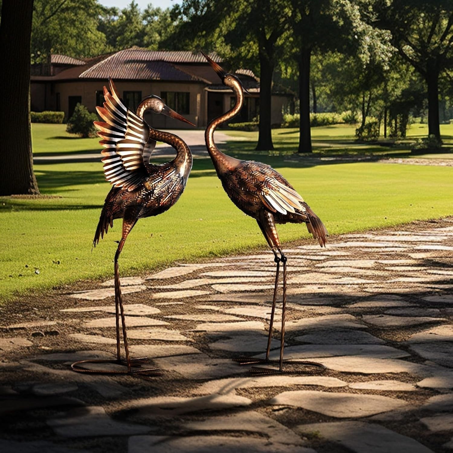 Brass Metal Crane Garden Statues Pair 26in Heron Yard Art Outdoor Lawn Décor