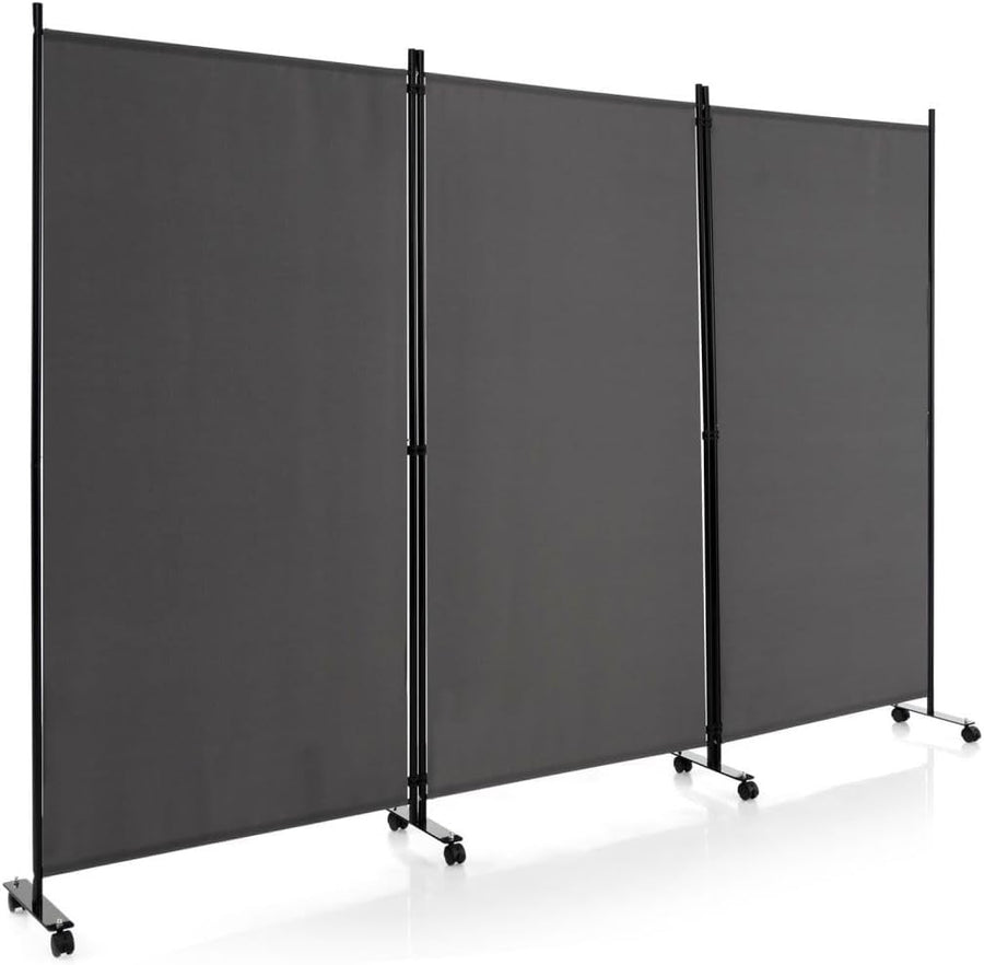 3 Panel Grey Folding Room Divider Privacy Screen on Wheels for Home Office