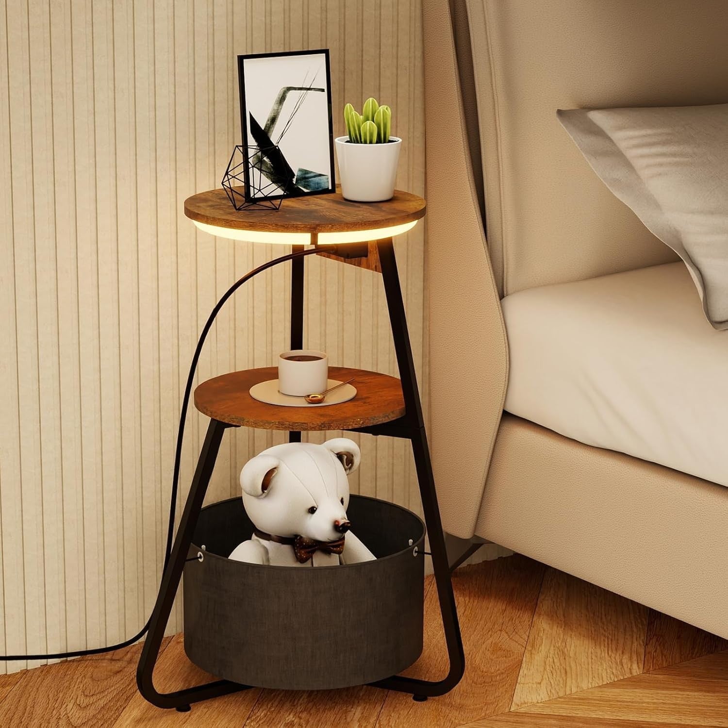 Round Side Table with Charging Station, 3-Color LED & 3-Tier Storage Shelf