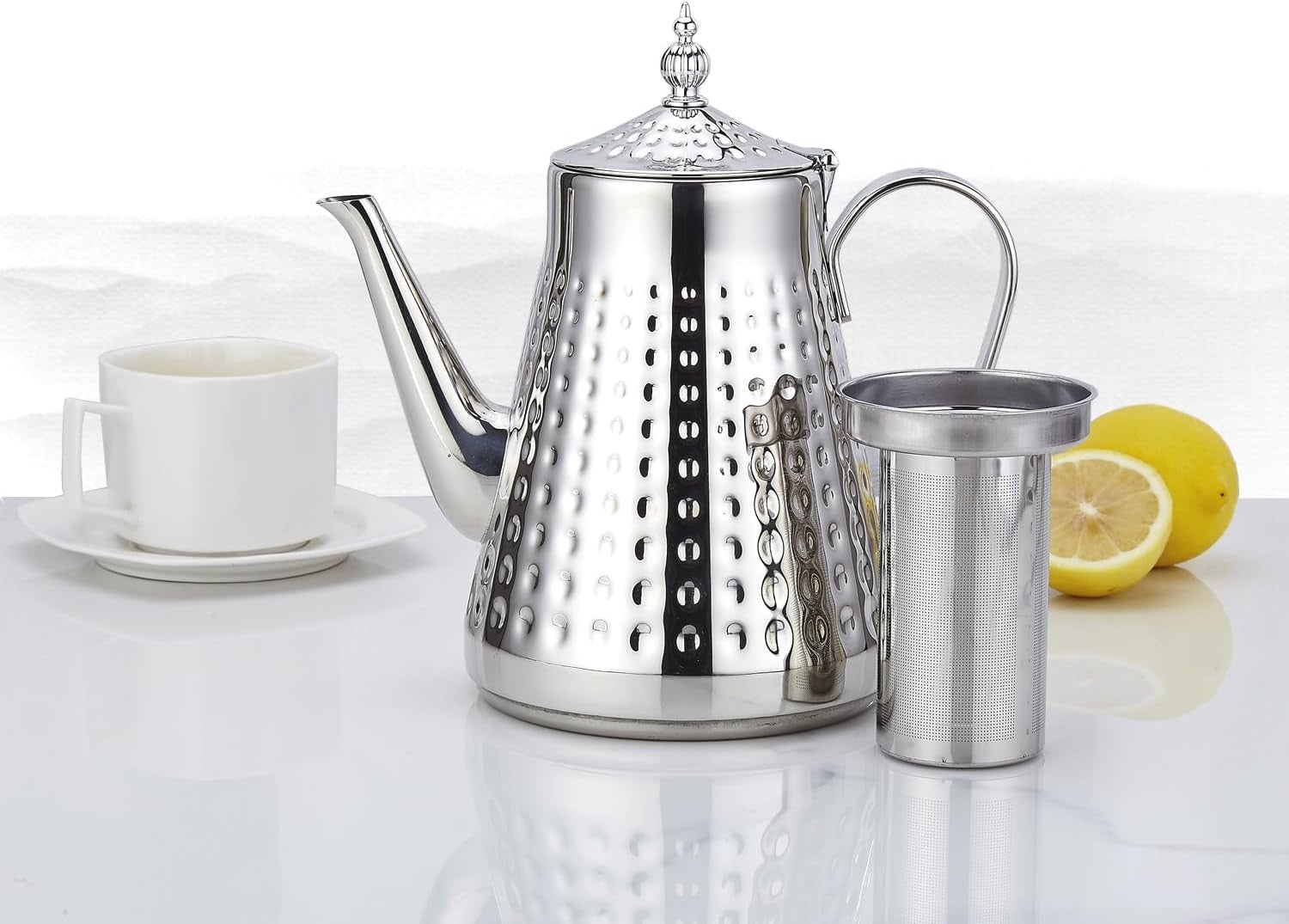 Stainless Steel Teapot 60oz 1.8L Tea Pot w/ Infuser Hammered Finish