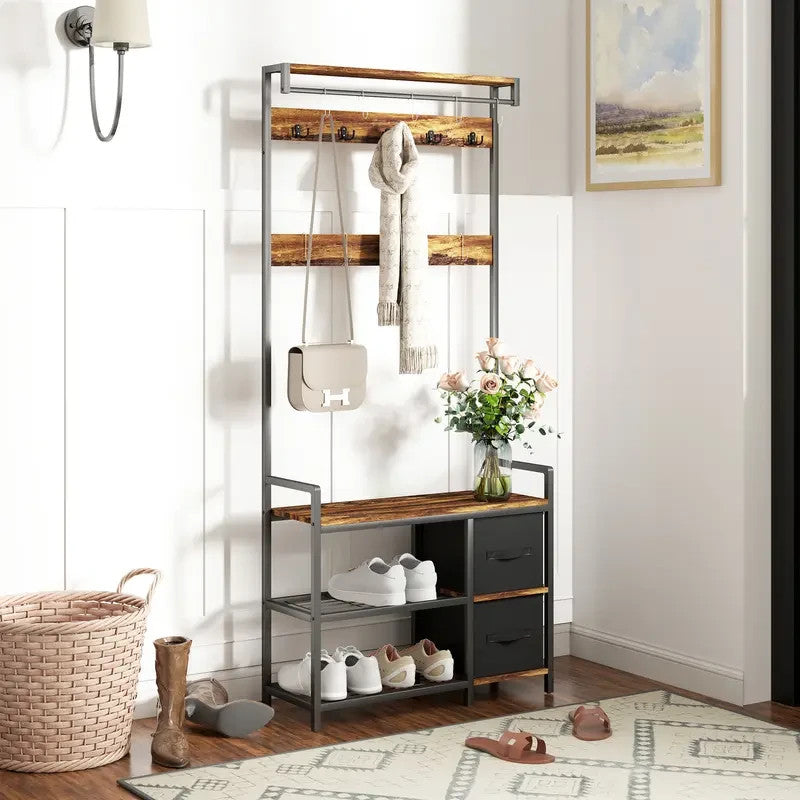 Rustic Coat Rack Bench with Hooks & Drawers – Hallway Storage Stand