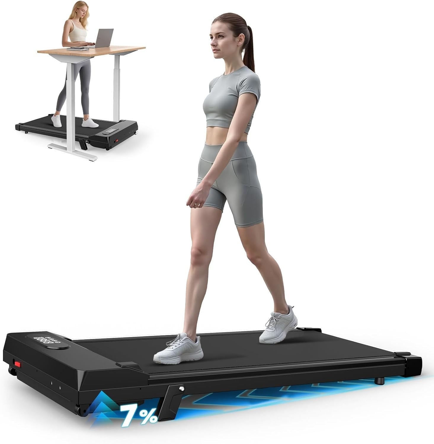 Under Desk Walking Pad Treadmill 7% Incline LED Remote 1-8KM/H