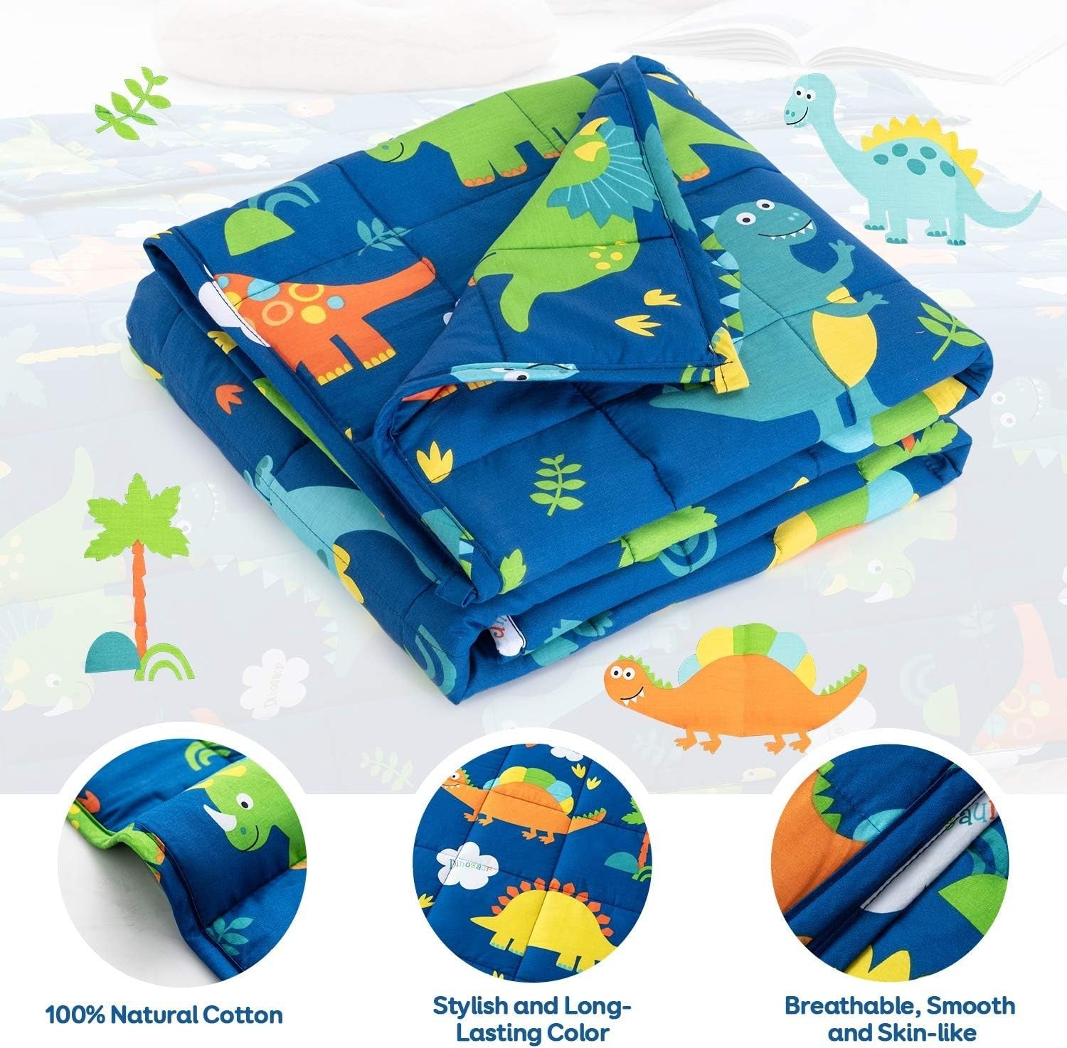 1.4kg Weighted Blanket Blue Dinosaur 90x120cm 100% Cotton for Calming Sleep