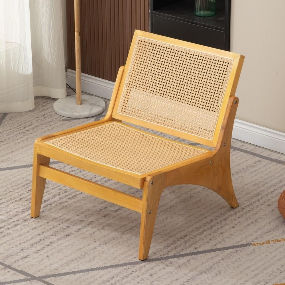 Rattan Accent Lounge Chair Natural Wood Frame Armchair for Living Room