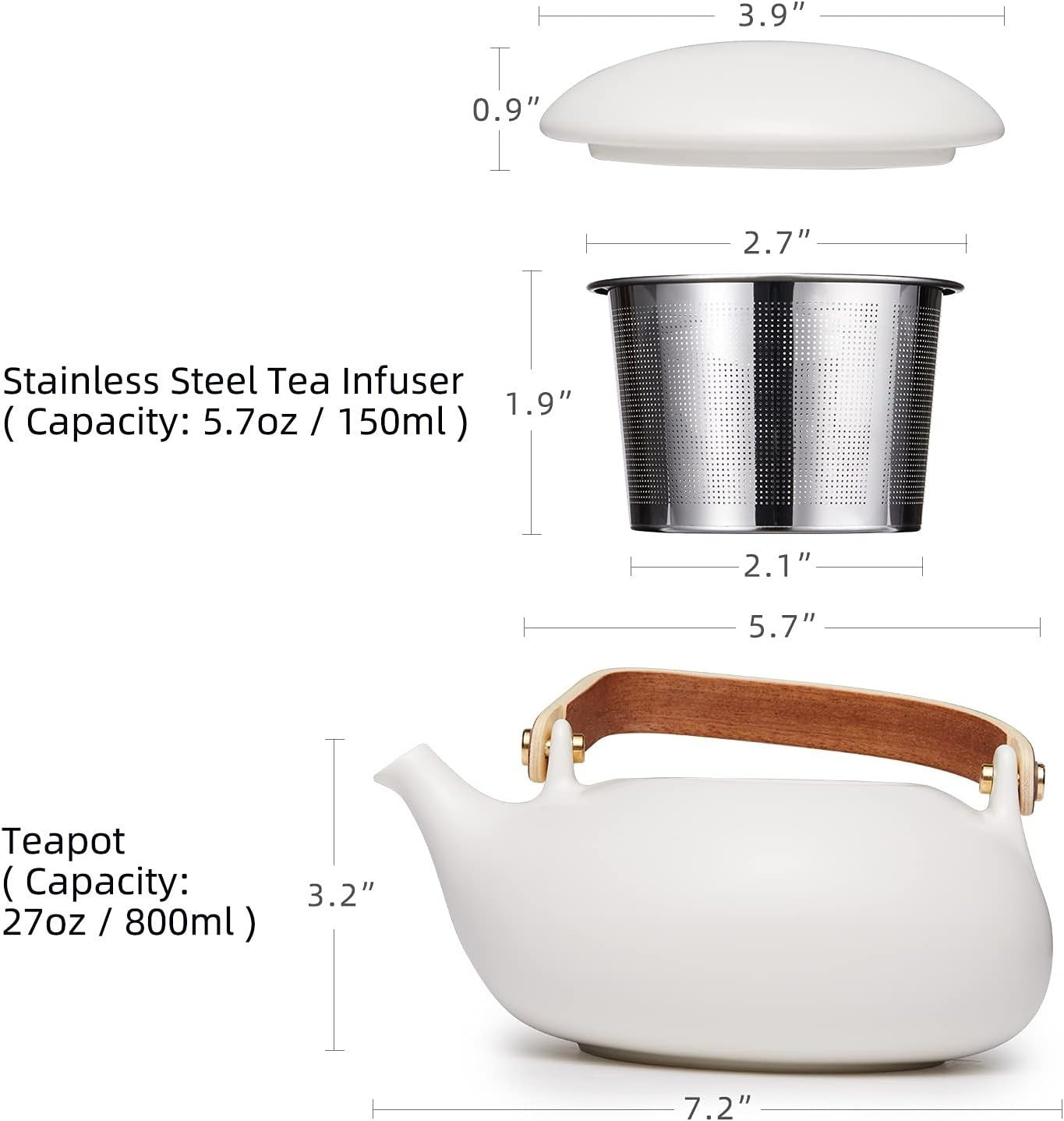 Japanese Ceramic Teapot with Infuser 800ml Loose Leaf Tea Pot Wood Handle