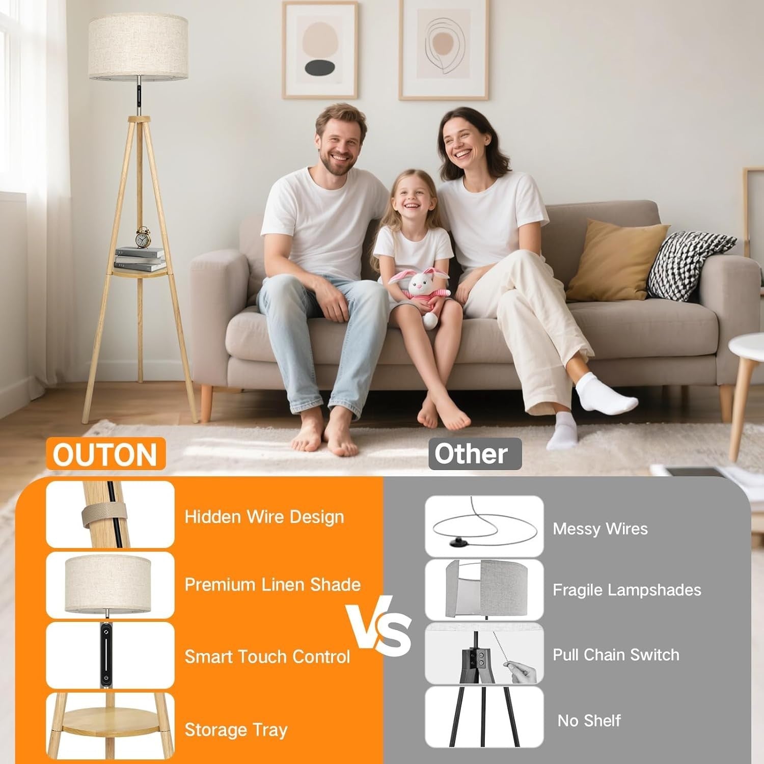 Wooden Tripod Floor Lamp Touch Control Dimmable Remote Shelf Linen Shade