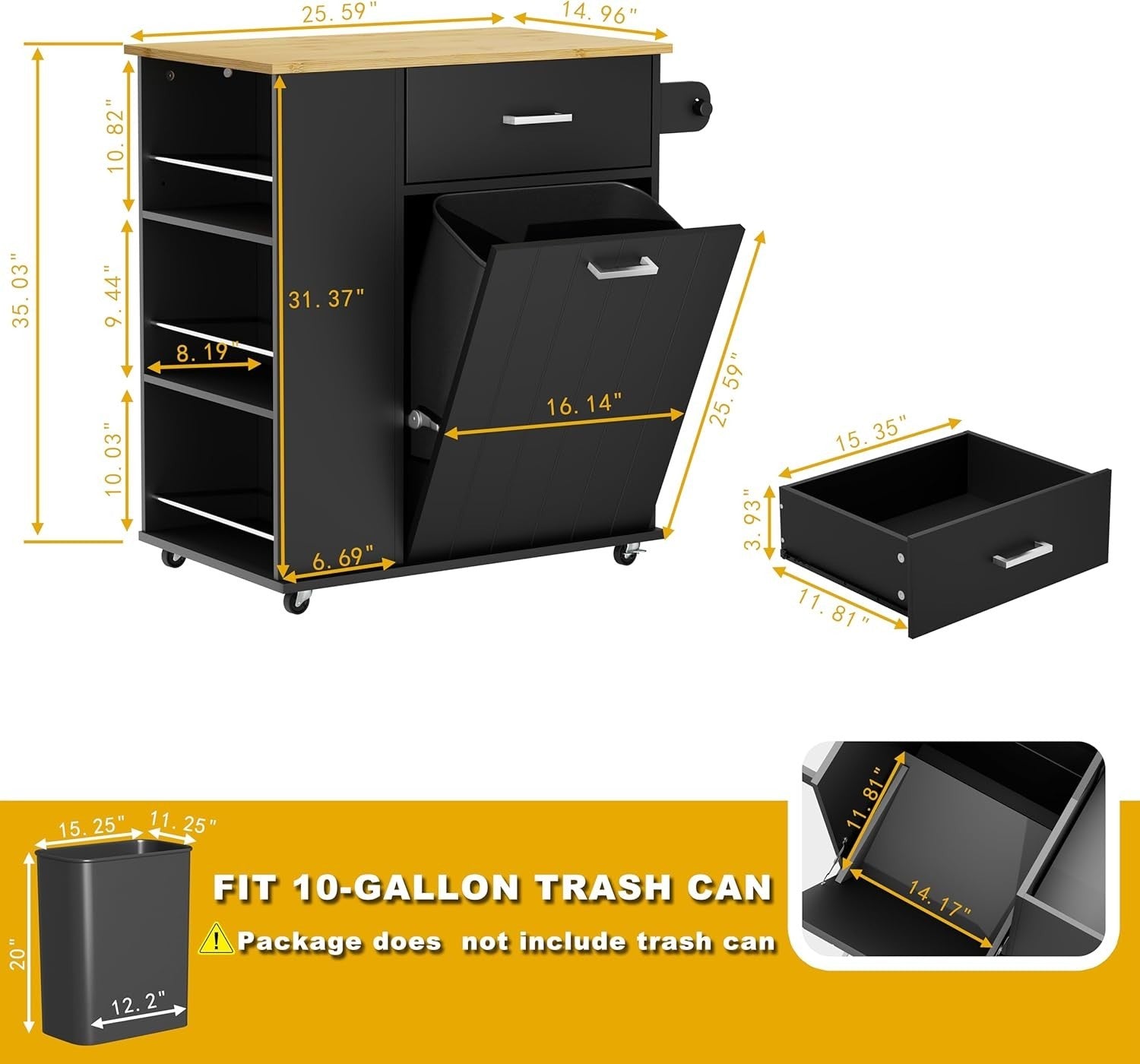 Black Rolling Kitchen Island with Tilt-Out Trash Bin, Spice Rack & Towel Bar