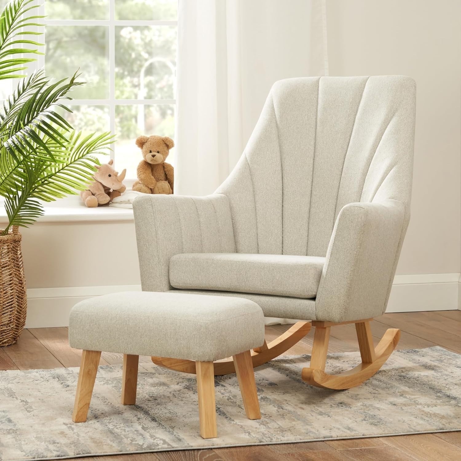 Nursery Rocking Chair with Footstool, Soft Grey Fabric, Ergonomic, 93x76cm