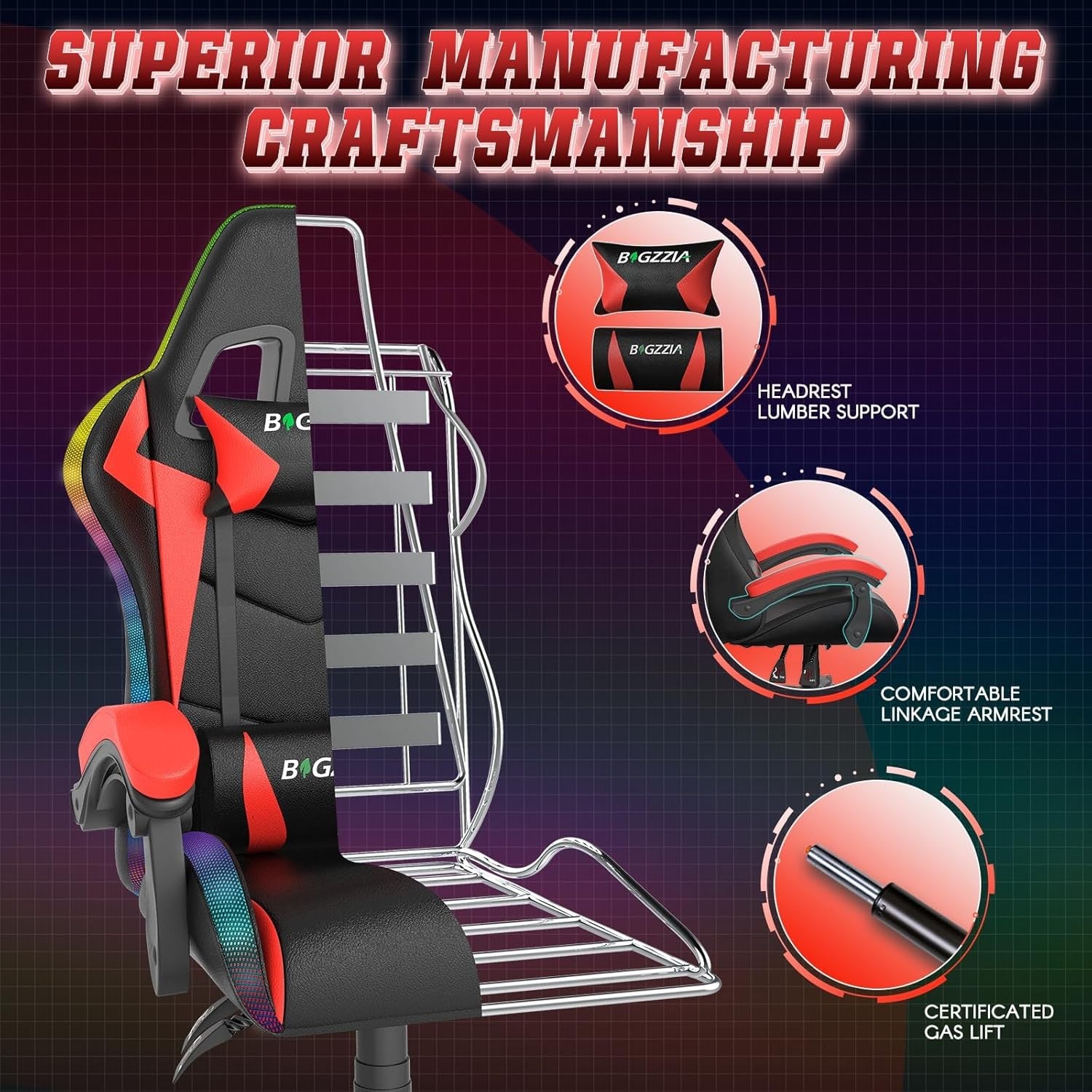 RGB Gaming Chair LED Lights Reclining PU Leather Red Black