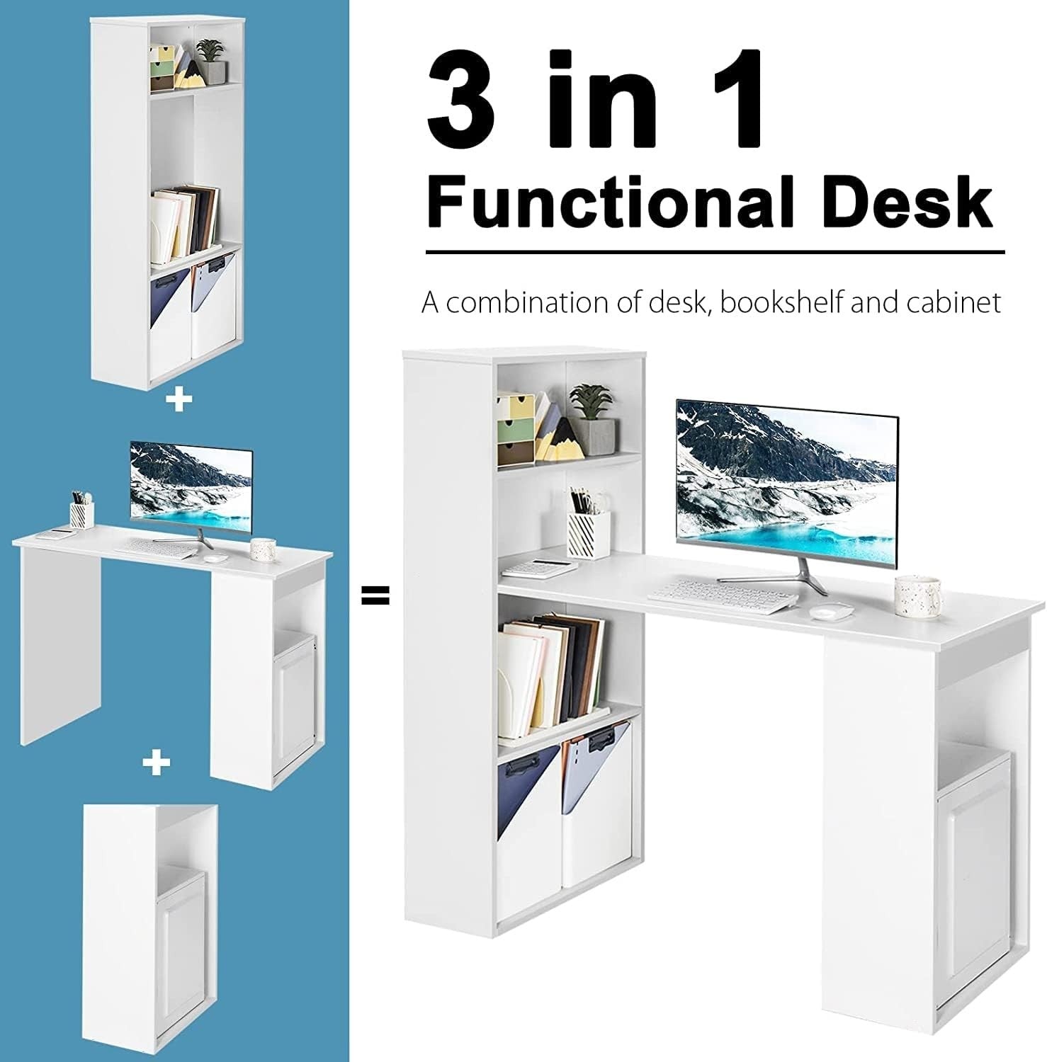 122x52x120cm White Office Desk with Bookshelf & Storage Shelves