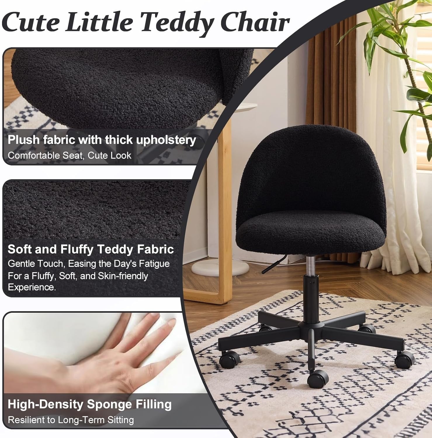 Black Faux Fur Swivel Desk Chair Adjustable Height Small Modern Vanity Seat