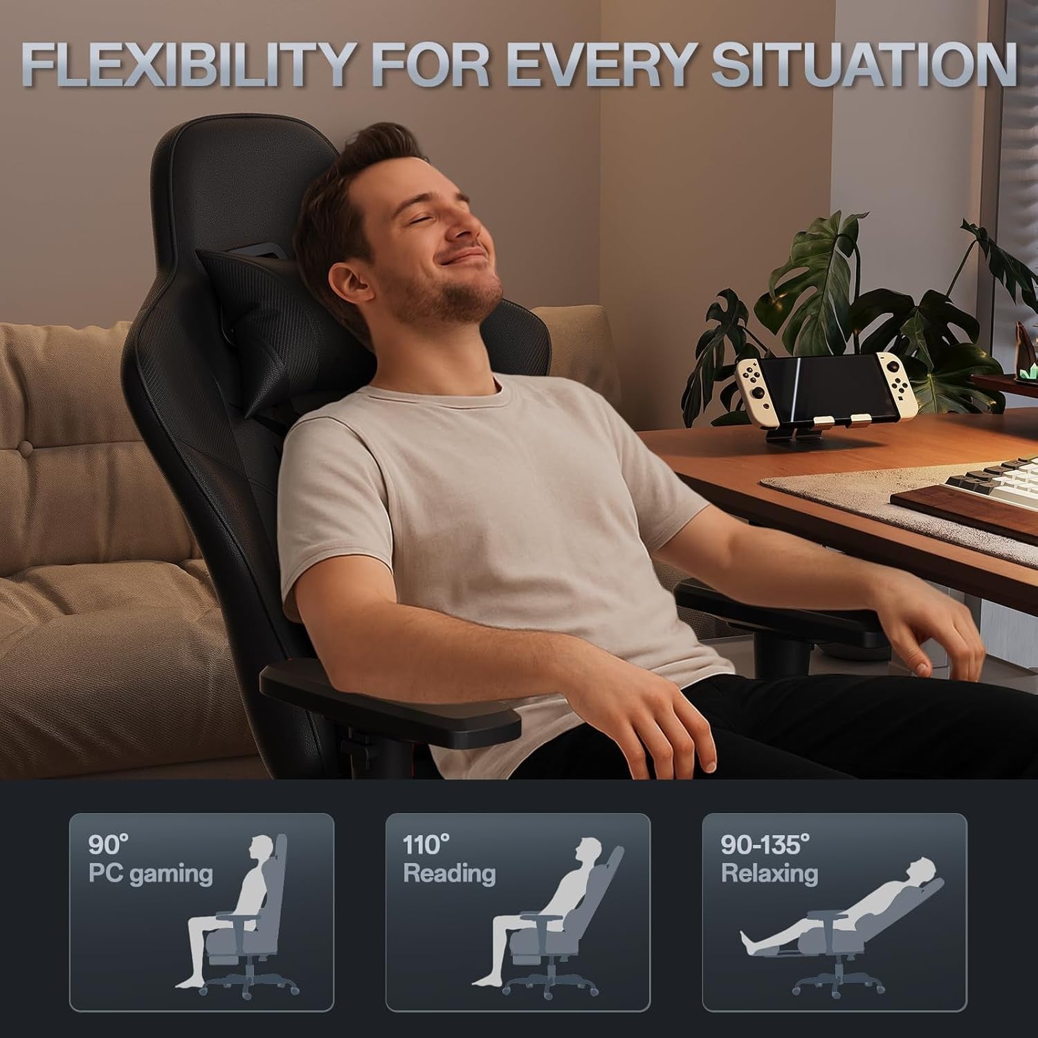 Ergonomic Gaming Chair w/ Footrest 2D Armrests PU Leather Black
