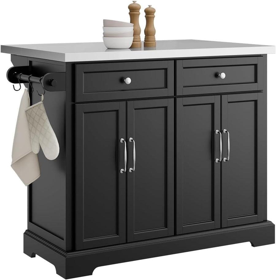 Black Rolling Kitchen Island Extendable Worktop 115cm
