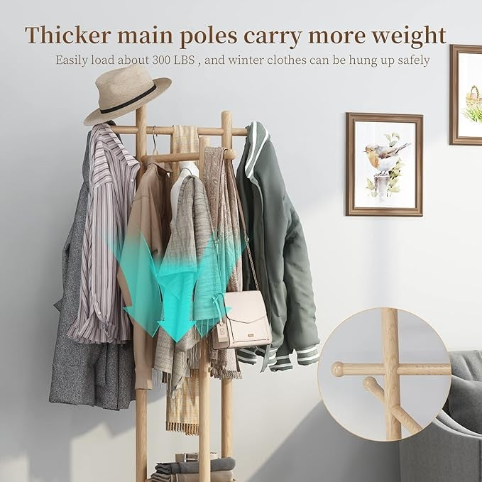 Wooden Coat Rack Stand with 3 Shelves | 360° Rotating 9 Hooks Hall Tree