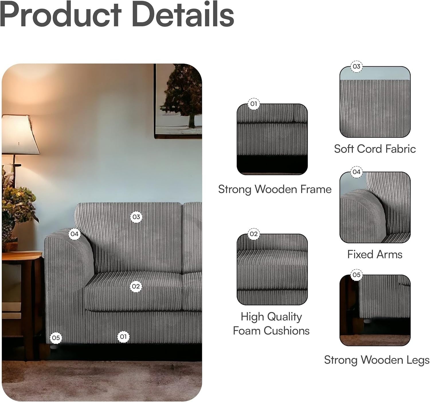 L-Shaped Jumbo Cord 4-Seater Left Hand Corner Sofa Grey High Back